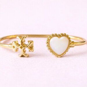 ⚡SALE- Authentic Tory Burch Kira Cuff Bracelet – Cut-Out Logo & Pearl Heart 💖
